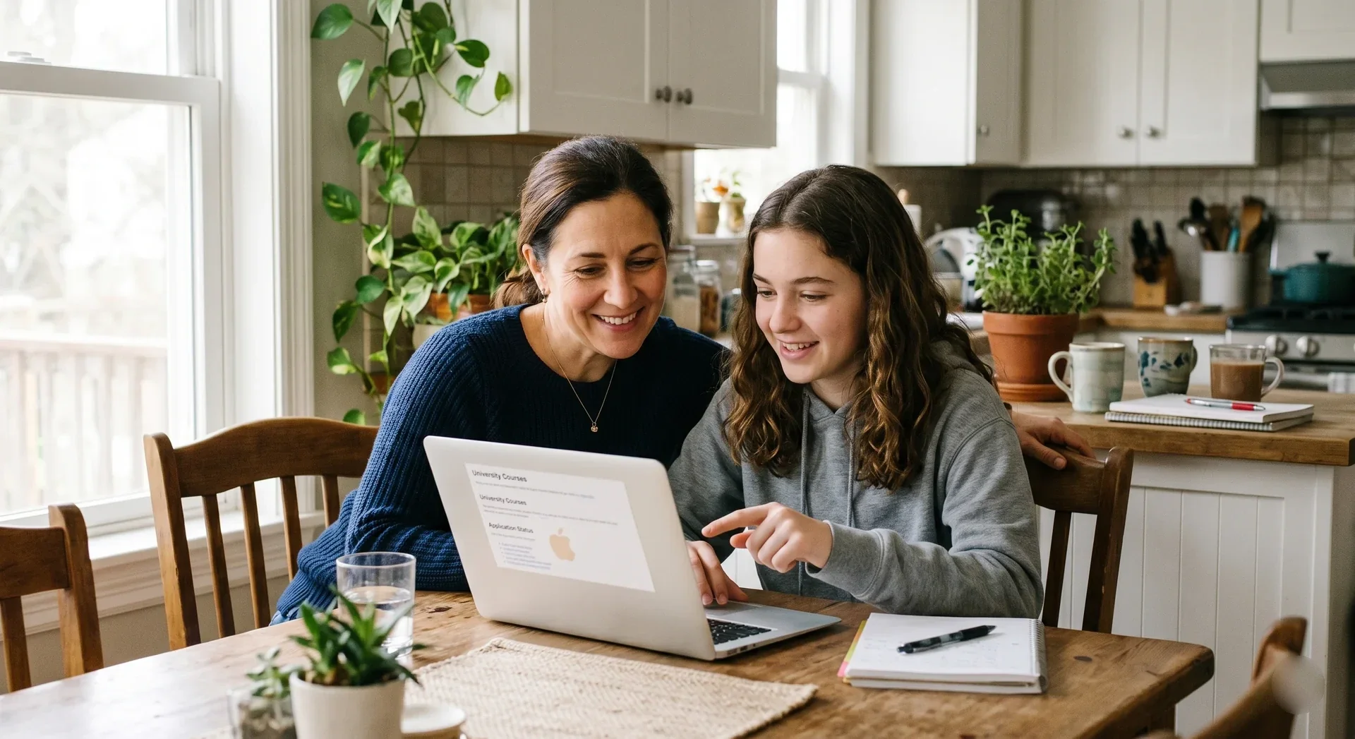 A parent and teen looking at a laptop together at the kitchen table