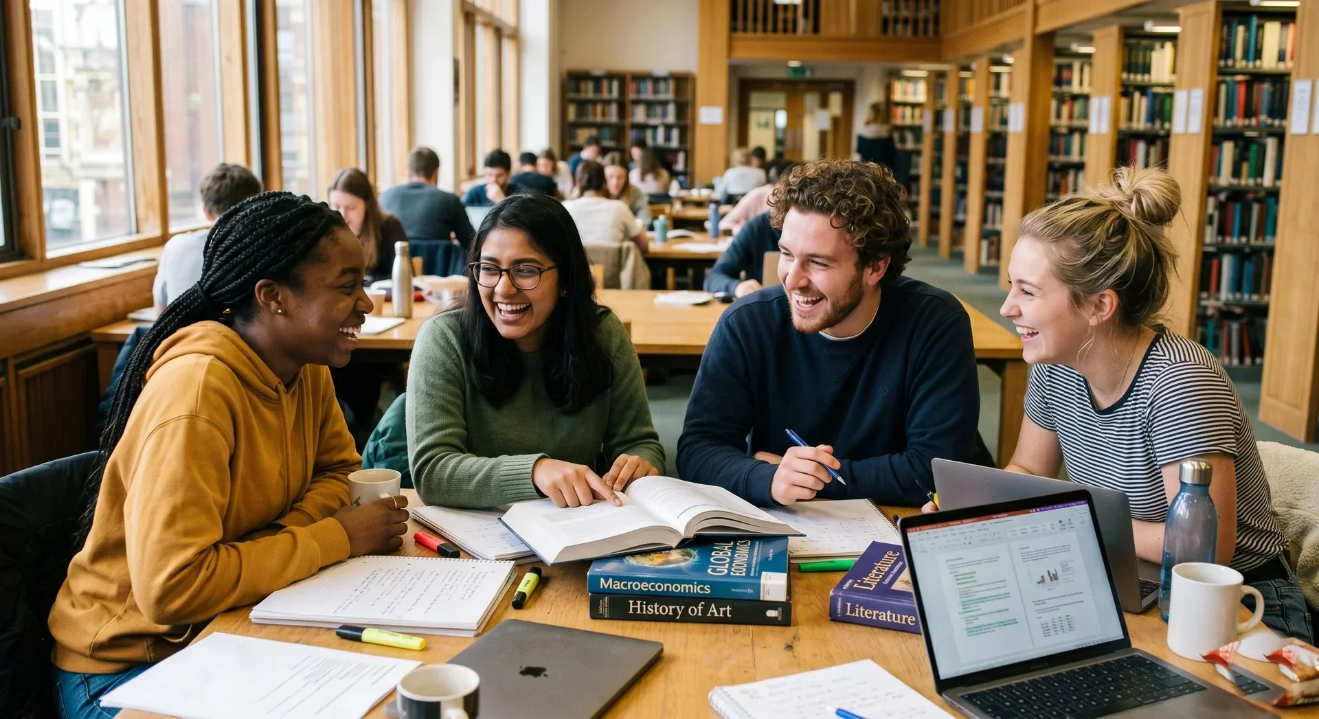 Students studying together, laughing in natural light